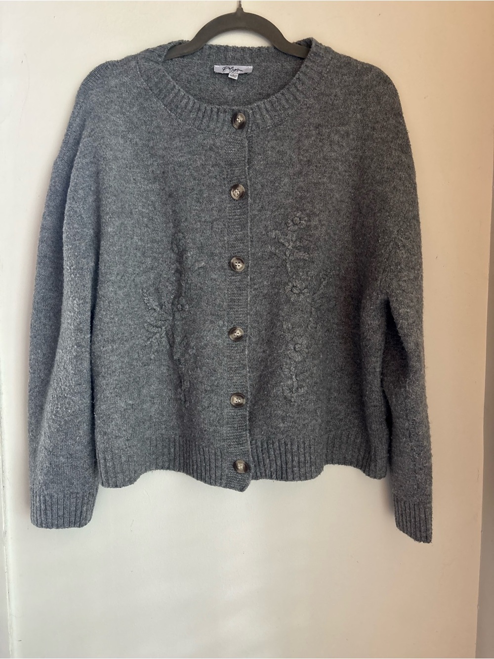 Polagram Heather Gray Floral Knit Button Cardigan